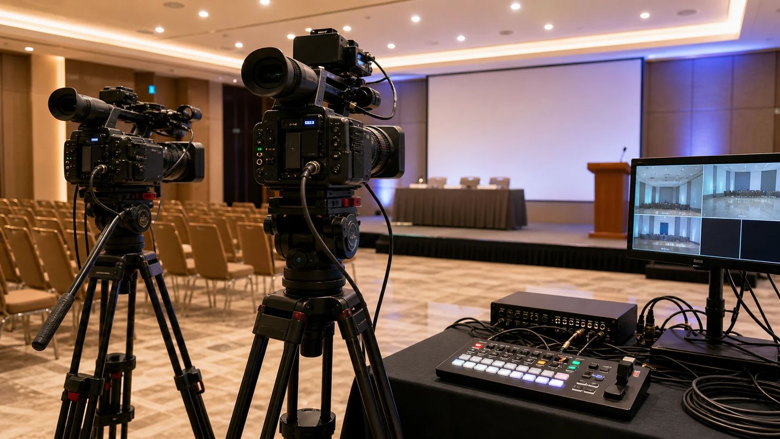 Sala de congresos con equipo de sonido y proyección