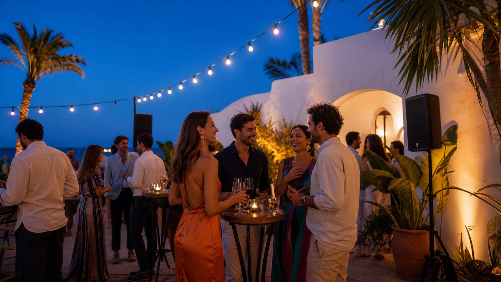 Invitados en una fiesta privada al aire libre con altavoz y luces de guirnalda